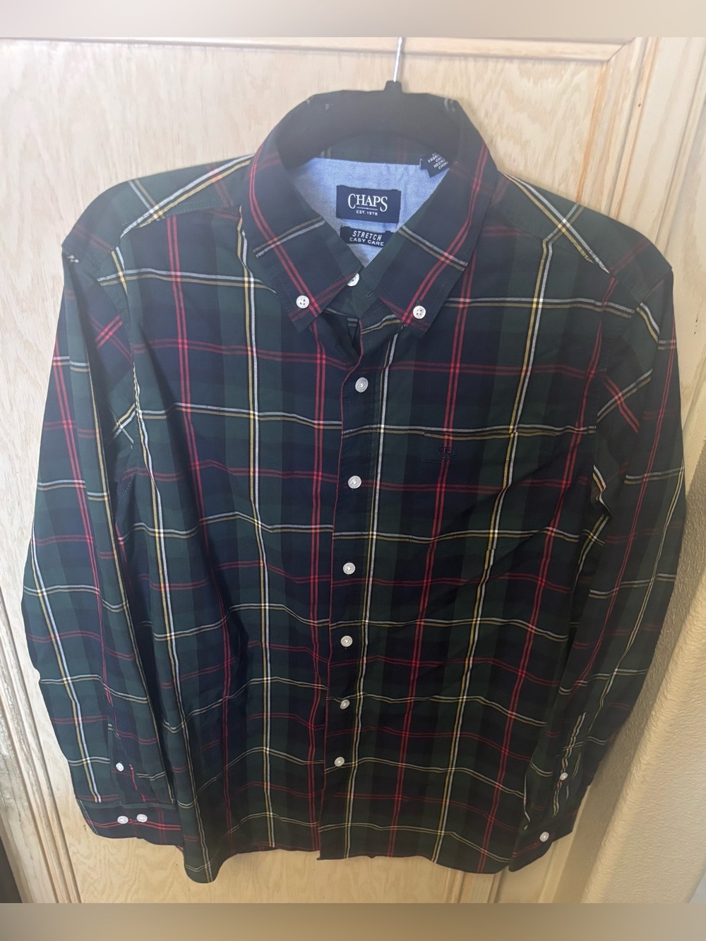 Chaps Mens Easy Care Stretch Button Up Long Sleeve Shirt Pocket Plaid‎ Sz Medium